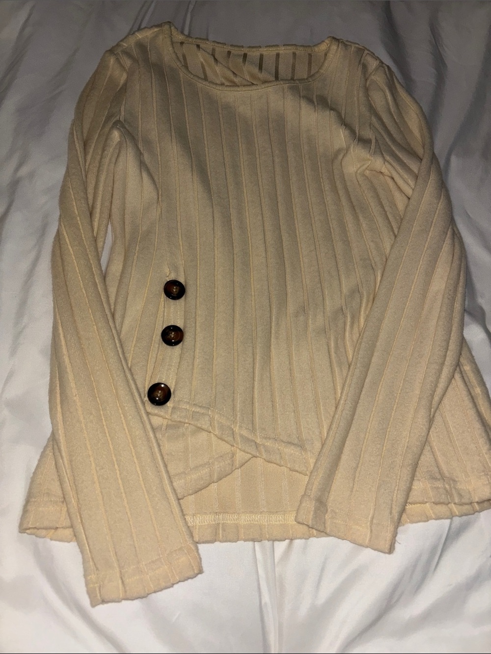 Cream Ribbed Long-Sleeve Sweater with Button Detail